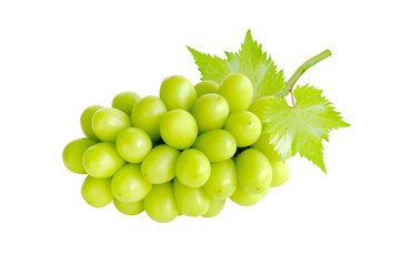 Cutout beautiful bunch of fresh green Shine Muscat grape with leaf isolated on white background