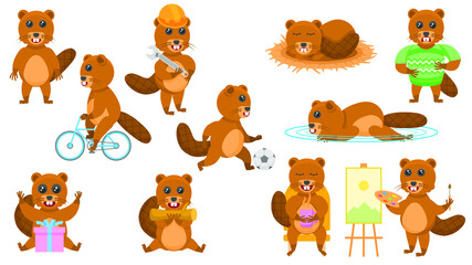 Fototapeta premium Big Set Abstract Collection Flat Cartoon Different Animal Beavers Vector Design Style Elements Fauna Wildlife