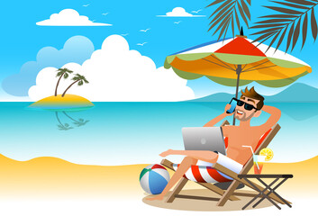 Feelancer on the beach working and rilaxing. Business Man Remote Work Place. Businessman at the beach.vector,