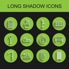 Set line Scythe, Garden hose or fire hose, Trash can, gloves, Wooden staircase, Chainsaw, Bench and Ladybug icon. Vector