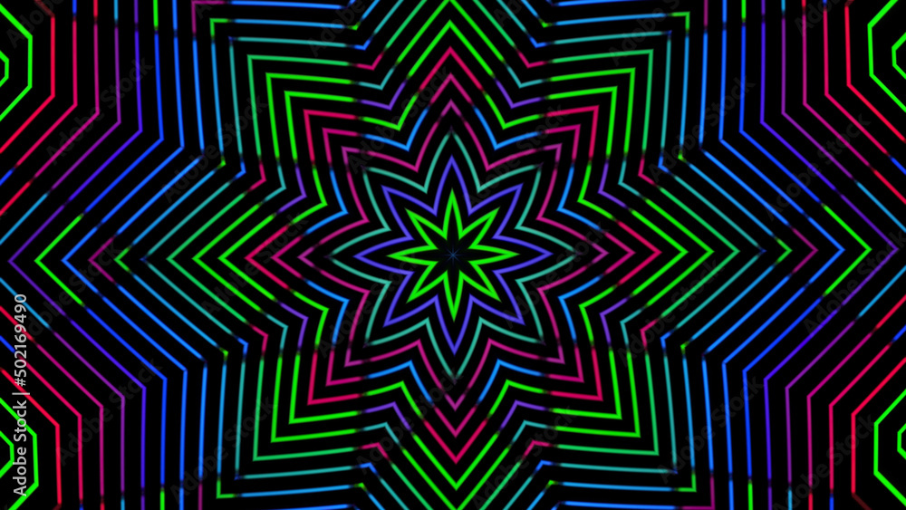 Poster multicolored kaleidoscope with abstract patterns changing colors and size of shapes. animation. anim