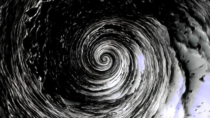Monochrome endless tornado with transforming texture, seamless loop. Motion. Black and white rotating extraterrestrial spiral swirl.