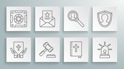 Set line Oath on the Holy Bible, The arrest warrant, Judge gavel, bible book, Flasher siren, Magnifying glass for search, User protection and Safe icon. Vector