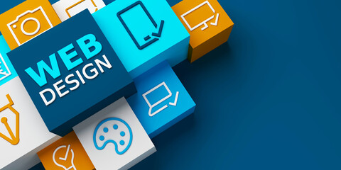 3D render of wide perspective view of WEB DESIGN colorful business concept on dark blue background