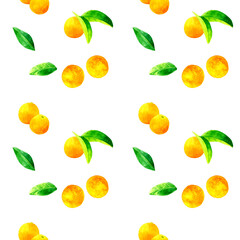 キンカン（金柑）のシームレスパターン　手描き水彩イラストのフルーツ柄テキスタイル