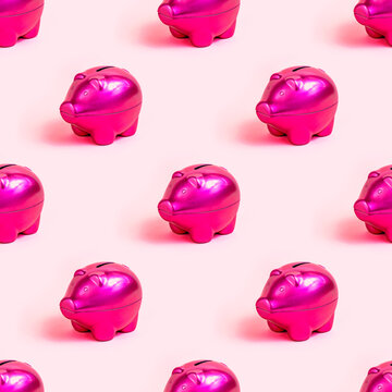 Bright pink piggy bank for coins repeat seamless pattern on light rose background.