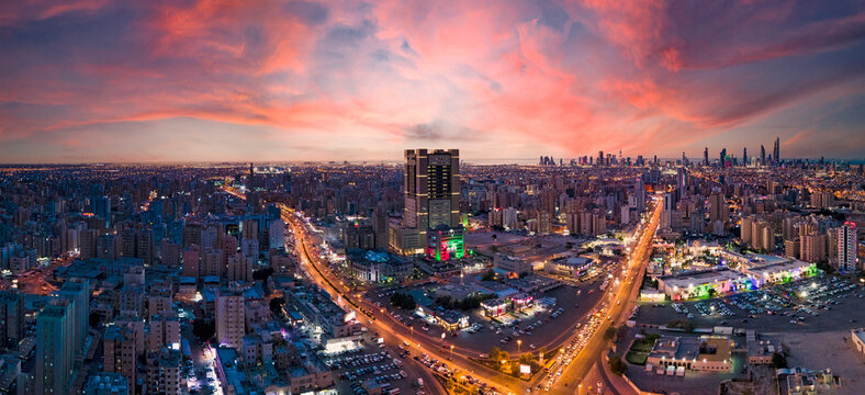 Beautiful Sunset Time Aerial Panorama Of Hawalli City Kuwait