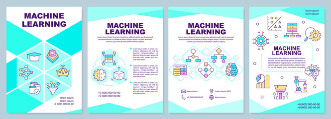 Machine learning brochure template. Data collection and processing. Leaflet design with linear icons. 4 vector layouts for presentation, annual reports. Arial-Black, Myriad Pro-Regular fonts used