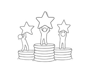 Cartoon people standing with gold stars on the coins