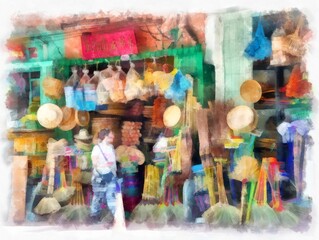Bamboo wares and bamboo basketry shops watercolor style illustration impressionist painting.