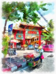 Obraz premium Landscape of ancient architecture and ancient art in Bangkok of Thailand watercolor style illustration impressionist painting.