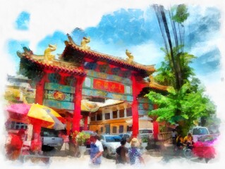 Obraz premium Landscape of ancient architecture and ancient art in Bangkok of Thailand watercolor style illustration impressionist painting.