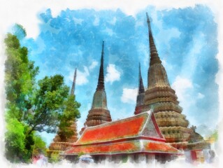 Fototapeta premium Landscape of ancient architecture and ancient art in Bangkok of Thailand watercolor style illustration impressionist painting.