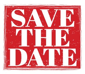 SAVE THE DATE, text on red stamp sign