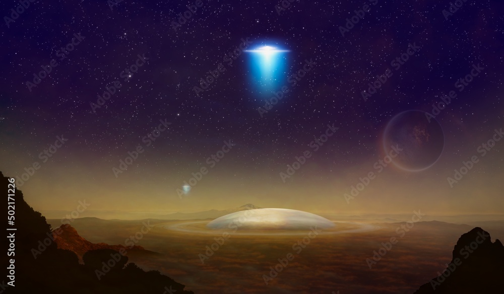 Wall mural abstract sci-fi collage with dark planet in space, ufo flies above aliens colony on planet earth