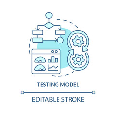 Testing model turquoise concept icon. Problem solving step in machine learning abstract idea thin line illustration. Isolated outline drawing. Editable stroke. Arial, Myriad Pro-Bold fonts used