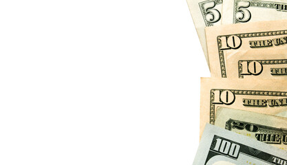 One hundred dollar bills on a white background, american currency. Conceptual background of dollar bills for 
design. Banner, copy space.