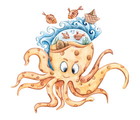 Cute kids watercolor ocean animal octopus clipart on white background, hand painted illustration on white background. Baby animal cartoon character for stickers, patterns, prints, sublimation, poster