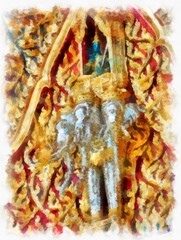 Landscape of ancient architecture and ancient art in Bangkok of Thailand watercolor style illustration impressionist painting.