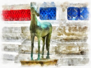 Landscape of ancient architecture and ancient art in Bangkok of Thailand watercolor style illustration impressionist painting.