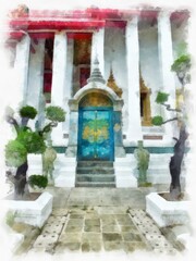 Fototapeta na wymiar Landscape of ancient architecture and ancient art in Bangkok of Thailand watercolor style illustration impressionist painting.