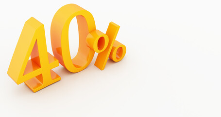 3D render of yellow 40 percent isolated on white background. big offer forty percent