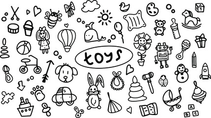 A hand-drawn black and white vector set. Set, sketch, elements, icons, coloring pages. Children's toys, dolls, cars,a ball, a ball, a bicycle, pets. Play, learning, entertainment