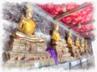 Landscape of ancient architecture and ancient art in Bangkok of Thailand watercolor style illustration impressionist painting.