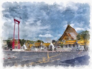Landscape of ancient architecture and ancient art in Bangkok of Thailand watercolor style illustration impressionist painting.