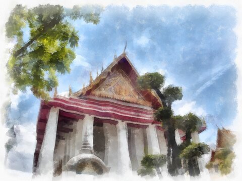 Landscape of ancient architecture and ancient art in Bangkok of Thailand watercolor style illustration impressionist painting.