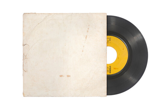 Single 45rpm vinyl record with envelope on white background