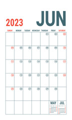 June. Planner 2023 year. English vector vertical template. Week starts on Sunday