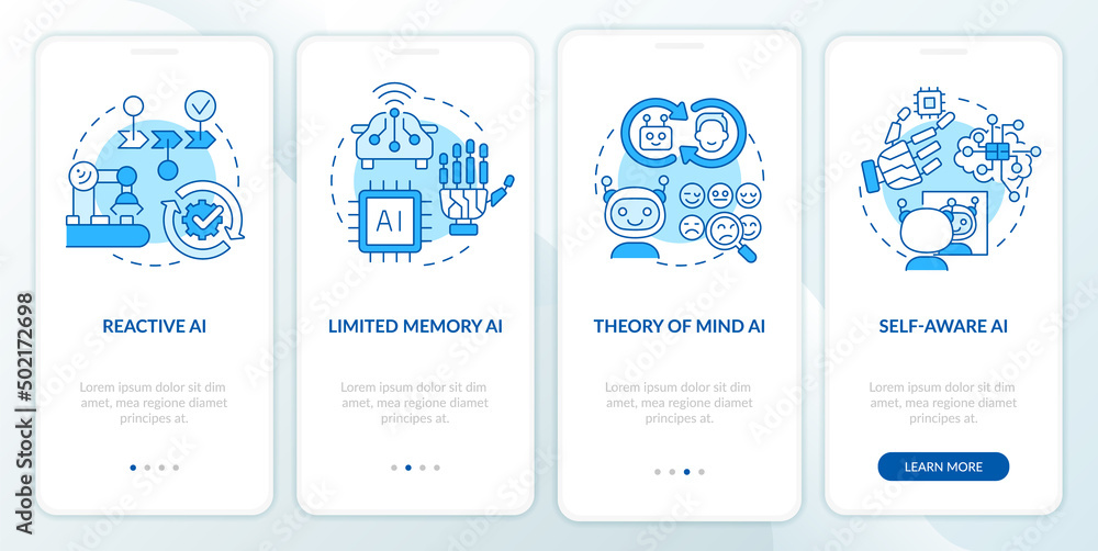 Poster types of artificial intelligence blue onboarding mobile app screen. walkthrough 4 steps graphic inst