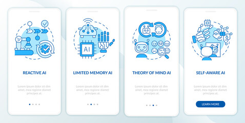 Types of artificial intelligence blue onboarding mobile app screen. Walkthrough 4 steps graphic instructions pages with linear concepts. UI, UX, GUI template. Myriad Pro-Bold, Regular fonts used