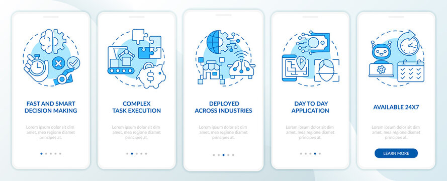 Artificial intelligence strengths blue onboarding mobile app screen. Walkthrough 5 steps graphic instructions pages with linear concepts. UI, UX, GUI template. Myriad Pro-Bold, Regular fonts used
