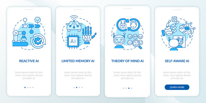 Types of artificial intelligence blue onboarding mobile app screen. Walkthrough 4 steps graphic instructions pages with linear concepts. UI, UX, GUI template. Myriad Pro-Bold, Regular fonts used