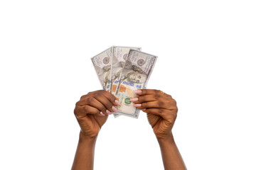 finance, currency and people concept - close up of female hands holding dollar money over white...
