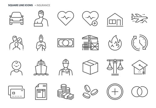 Insurance related, pixel perfect, editable stroke, up scalable square line vector icon set.