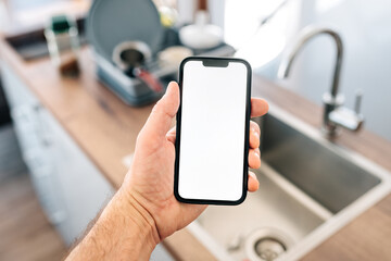 Smart home smartphone mockup screen in front of kitchen sink