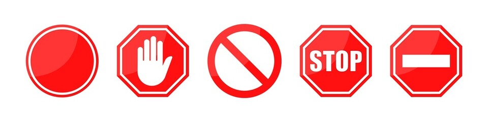 Stop red road signs set. Danger pictogram with hand and do not enter attention sign. Stock vector elements.