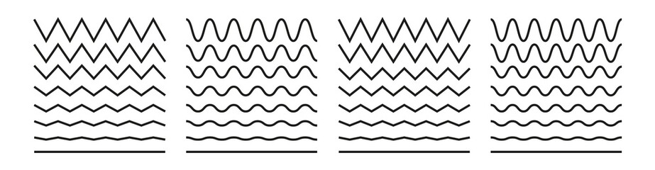 Wave line and wavy zigzag lines. Black underlines wavy curve zig zag line pattern in abstract style. Geometric decoration element. Vector illustration. - obrazy, fototapety, plakaty