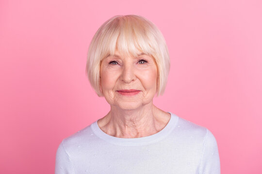 Photo Of Mature Pretty Woman Good Mood Confident Intelligent Representative Isolated Over Pink Color Background