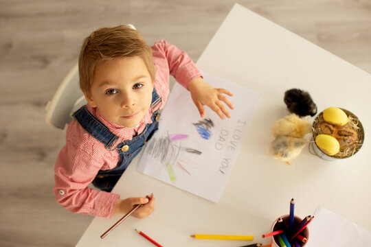 Cute boy, child in red shirt, drawing picture for fathers day, little chicks on the table
