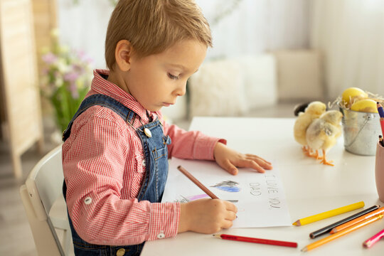 Cute boy, child in red shirt, drawing picture for fathers day, little chicks on the table