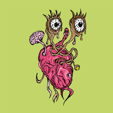  NFT profile avatar monster eyes brain heart cartoon illustration comics alien monster green virtual reality colorsgreen pink, character fantasy, metaverse