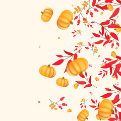 Orange Rowan Background Beige Vector. Gourd Park. Red Thanksgiving Illustration. Botanical Template. Gold Vegetable Oak Texture.