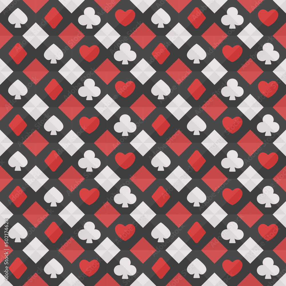 Poster i color the card suits of red and white. vector of card suits, repeating seamlessly on a black backg
