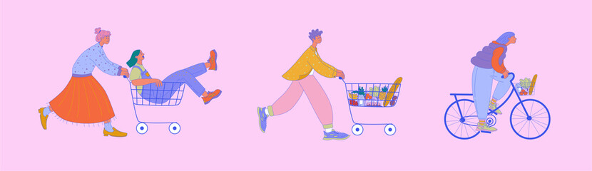 Fototapeta premium Grocery store shoppers with basket