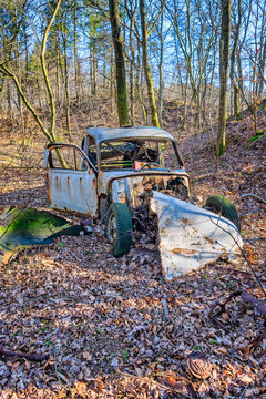 Car wreck dumped in a forest