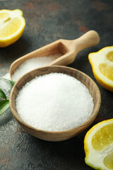 Concept of household cleaners, lemon acid, close up